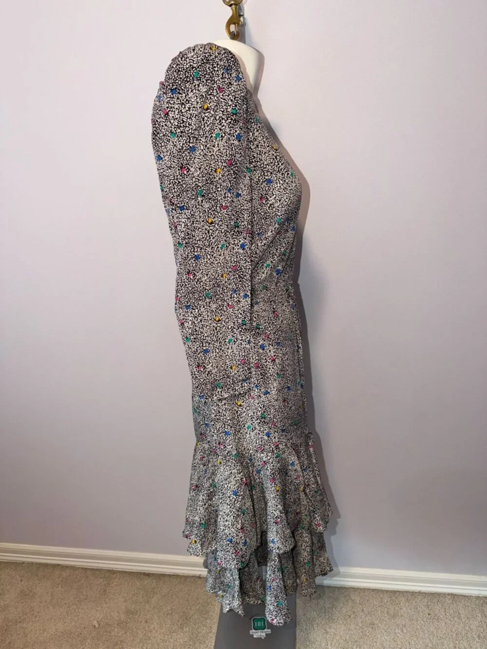 Vintage 80s Silk Studio Skirt Blouse Set 100% Silk Confetti Print Ruffle 2 Piece - Picture 3 of 8